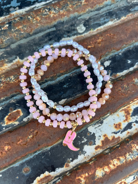 3 set cowgirl boot charm bracelet (pink)