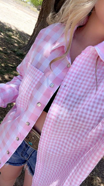 Pink color block button up